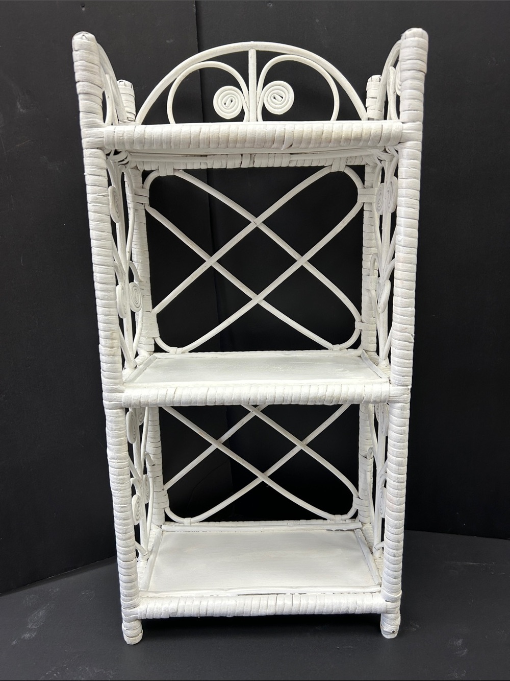 Vintage 1970’s white wicker 23 x 11 x 6 three tiered wall or stand shelf
